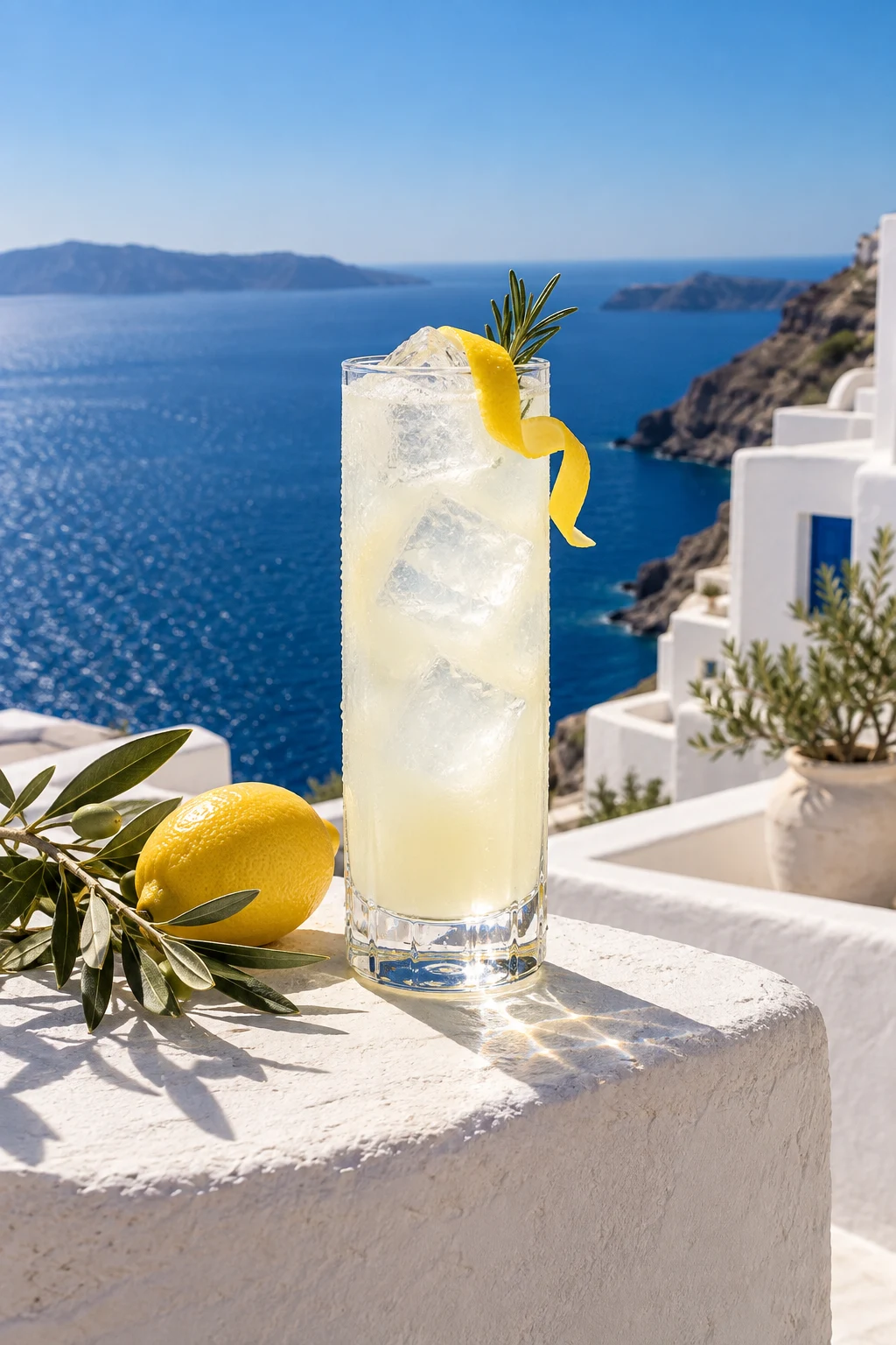 Cocktail cítrico com gelo e limão em um terraço grego sobre o mar azul